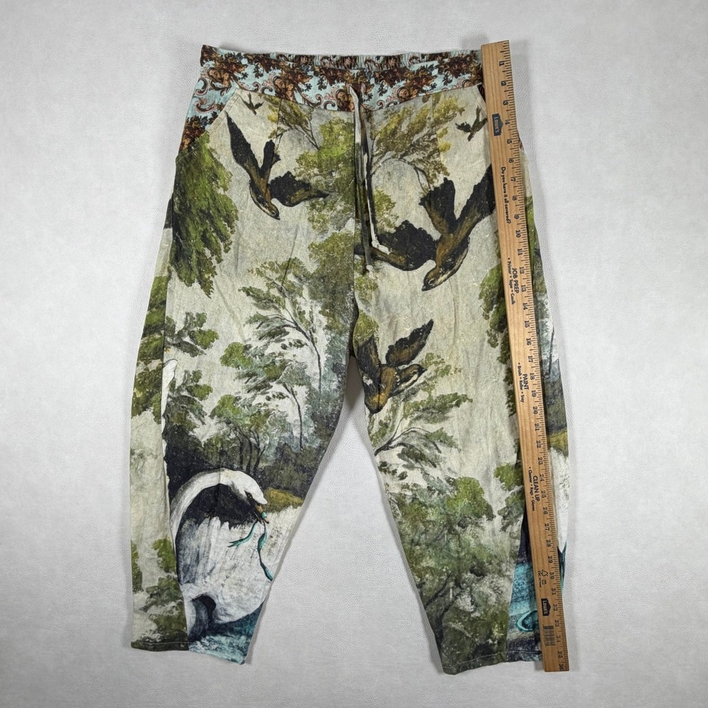 Market of Stars Pants Nature Print Linen Blend Swan Bird Forest Green Size Small - Picture 5 of 16